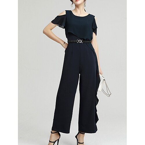 

Women's Jumpsuit Ruffle High Waist Solid Color Crew Neck Streetwear Work Street Regular Fit Short Sleeve Black Navy Blue M L XL Summer