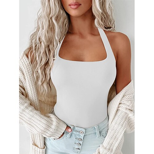 

Bodysuit Femme Couleur unie Licou Vêtement de rue Plein Air du quotidien Mince Sans Manches Noir S Eté