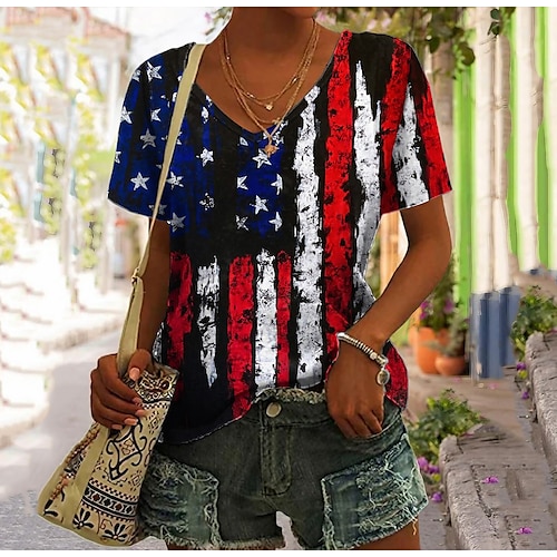 

Women's T shirt Tee Red American Flag Print Short Sleeve Weekend Independence Day Basic V Neck Regular Painting S