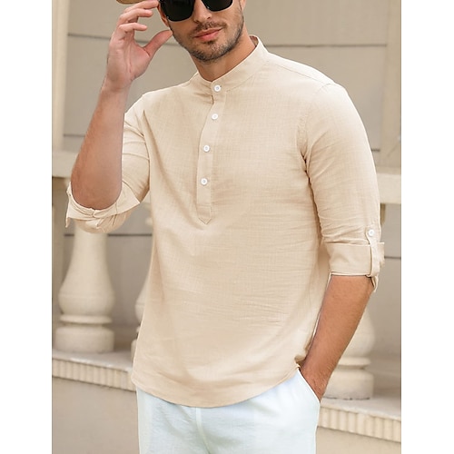 

Homens Camisa Social camisa de linho Camisa casual camisa de verão camisa de praia Branco Azul Marinha Azul Manga Longa Tecido Henley Primavera Verão Casual Diário Roupa