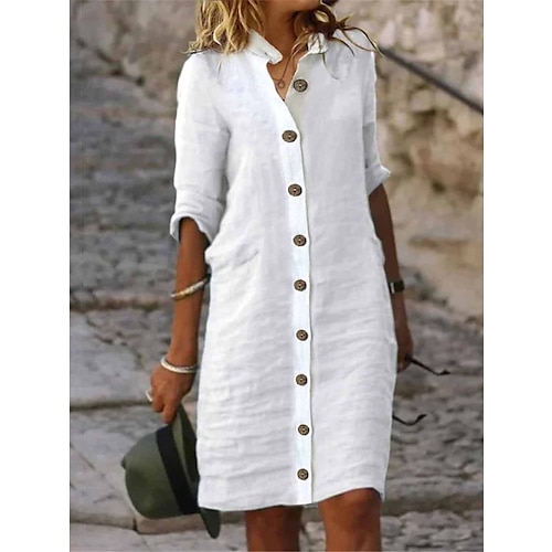 

Women's Cotton Linen Shirt Dress Midi Half Sleeve Summer Spring Regular Fit Black White Green Plain