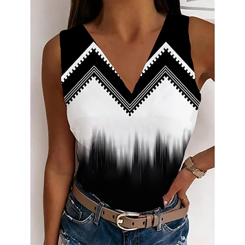

Débardeur Femme Noir Blanche Bleu Graphic Floral Imprimer Sans Manches Casual basique Col V Normal Standard S