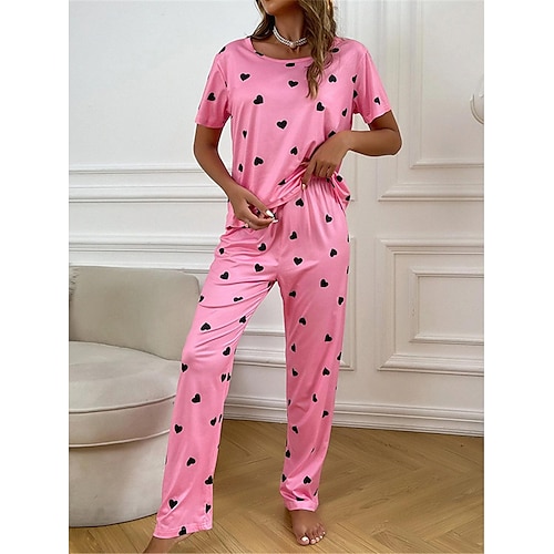 

Dame Pyjamas Pyjamas topp og bukse Sett Hjerte Mote Fritid Myk Hjem Daglig Seng Polyester Pustende Crew-hals Kortermet T skjorte Bukse Sommer Vår Rosa