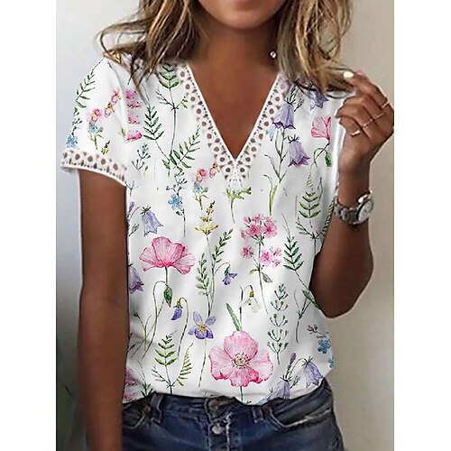 

Damen T Shirt Weiß Rosa Blumen Spitzenbesatz Bedruckt Kurzarm Festtage Wochenende Basic V Ausschnitt Standard Blume Farbe S