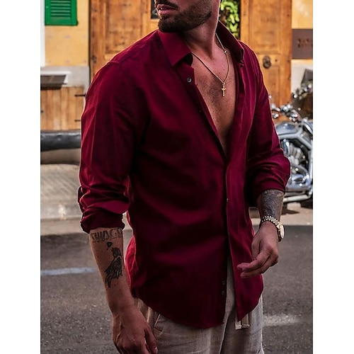 Men's Shirt Button Up Shirt Casual Shirt Wine Plain Long Sleeve Turndown  Daily Vacation Clothing Apparel Fashion Casual Comfortable 2023 - US $