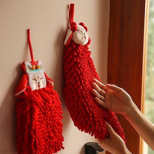 

Red Chenille Hand Towel Hanging Cute Wedding Hand Towel Cartoon Kitchen Bathroom Handkerchief