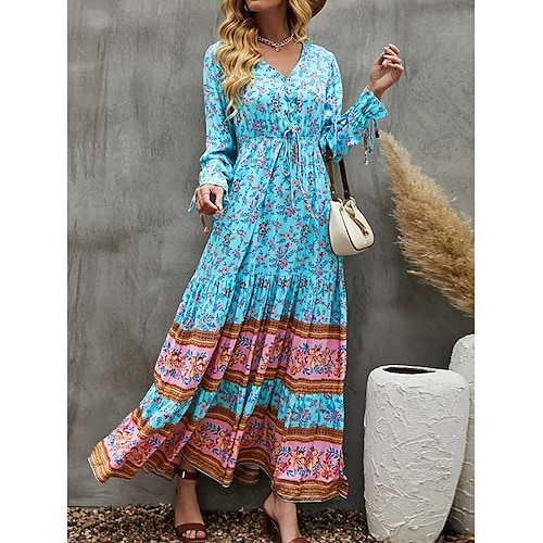 

Per donna Abito lungo Abito lungo Abito casual Vestito svasato Prendisole Floreale Streetwear Informale Esterno Giornaliero Da mare Stampa Manica lunga A V Vestito Morbido Giallo Chiaro Giallo Rosa