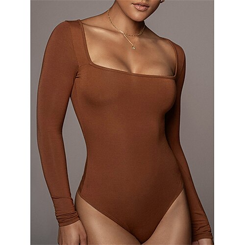 

Damen Bodysuit Hohe Taillenlinie Feste Farbe Quadratischer Ausschnitt Strassenmode Brautkleider schlicht Strasse Täglich Regular Fit Langarm Schwarz Weiß Braun S M L XL Sommer