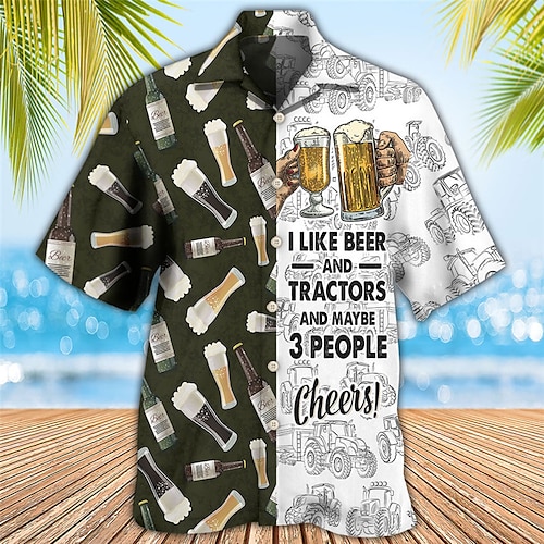 

Homens Camisa Social Camisa havaiana Letra Estampas Abstratas Cerveja colar cubano Preto Branco Ao ar livre Casual Manga Curta Imprimir Roupa Esportes Moda Roupa de rua Designer