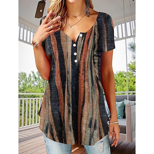 

Women's Shirt Blouse Brown Striped Button Print Short Sleeve Casual Basic V Neck Regular S