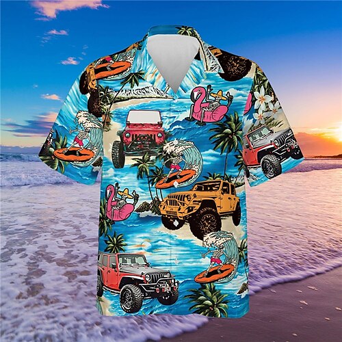 

Men's Shirt Summer Hawaiian Shirt Car Coconut Tree Graphic Prints Beach Cuban Collar Blue Outdoor Casual Short Sleeve Print Clothing Apparel Sports Fashion Streetwear Designer