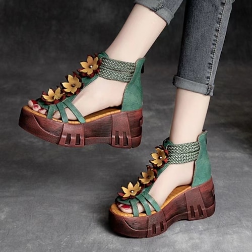 

Mujer Sandalias Sandalias con Cuña Diario Flor Puntera abierta Vintage Cuero Cremallera Marrón Verde Trébol