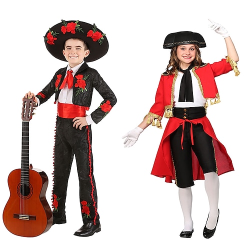 

mexicanske Festkostume Maskerade Børne Drenge Fest / Aften Fest / aften Karneval Halloween Karneval Maskerade Festival / ferie polyester Sort / Rød Let Karneval Kostume Helfarve