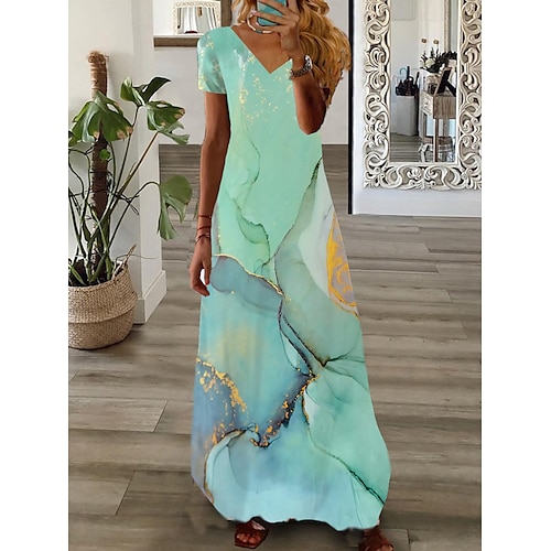 

Women's Casual Dress Graphic Marbling Print V Neck Maxi long Dress Casual Daily Vacation Short Sleeve Summer Spring