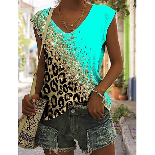 

Women's Tank Top Yellow Purple Green Leopard Print Sleeveless Daily Weekend Basic V Neck Regular Painting S