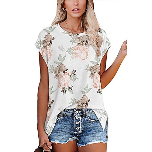 

Mulheres Camiseta Branco Azul Marinha Verde Floral Imprimir Manga Curta Feriado Final de semana Básico Decote Redondo Padrão Tema Flores Pintura S