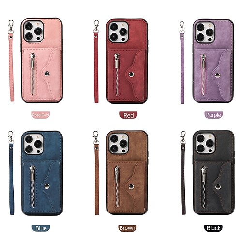 

Handy Hülle Handyhüllen Für Apple Handtasche Brieftasche Kartenetui iPhone 14 Pro Max Plus 13 12 11 Mini X XR XS 8 7 Reisverschluss mit abnehmbarem Umhängeriemen mit Handschlaufe Einfarbig TPU