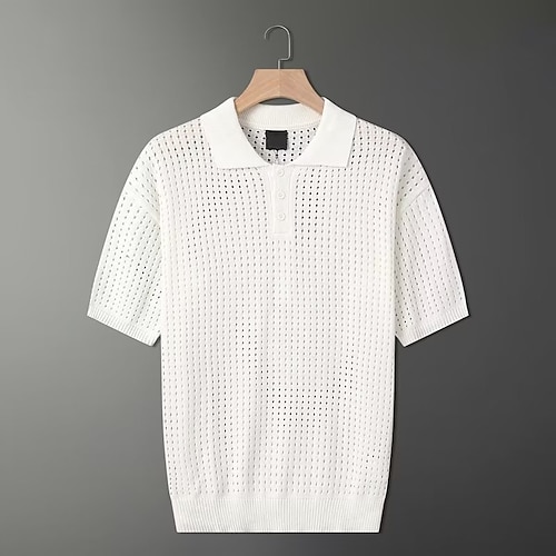 

Herre strikket polo Avslappet Ferie Knaphul Knapp Kortermet Mote Moderne عادي Uthult Knapp Sommer Beige strikket polo