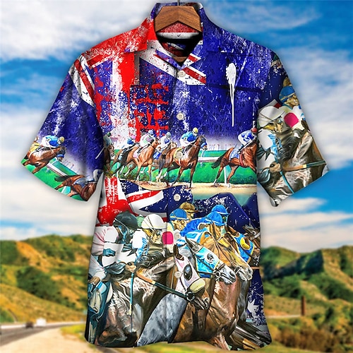 

Homme Chemise Chemise hawaïenne Cheval Imprimés Photos Drapeau américain Course de chevaux Collier cubain Noir Blanche Jaune Bleu Extérieur Casual Manche Courte Imprimer Vêtement Tenue Sportif Mode