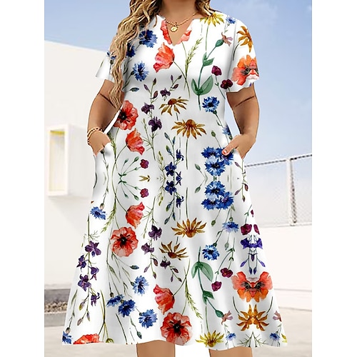 

Dame Store størrelser Uformell kjole Kjole med A-linje Blad Blomstret Midikjole Kortermet Trykt mønster V-hals Elegant Daglig Gul Rød Sommer L XL XXL 3XL 4XL