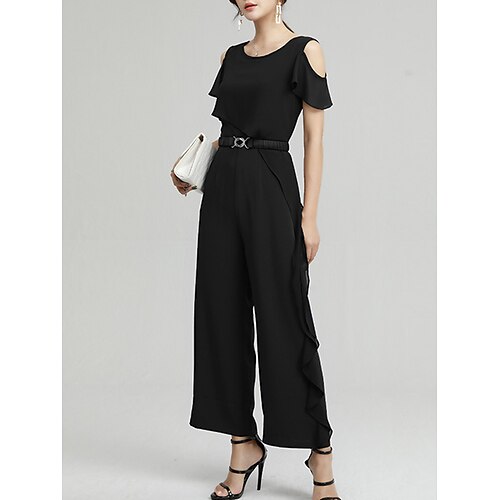 

Combinaison Femme A Volants Taille haute Couleur unie Col Ras du Cou Vêtement de rue Travail Plein Air Standard Manche Courte Noir M Eté