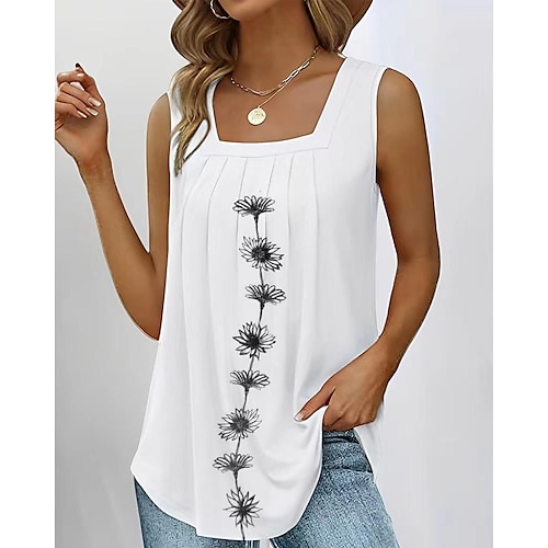 

Mujer Camiseta sin mangas Negro Blanco Rosa Floral Estampado Sin Mangas Casual Festivos Básico Escote Cuadrado Regular Flor S