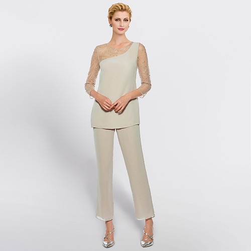 

Todelt Pantsuit Kjole til brudens mor Formel Bryllupsgæst Elegant Scoop hals Ankellængde Chiffon Blondelukning 3/4-ærmer med Paillette 2023