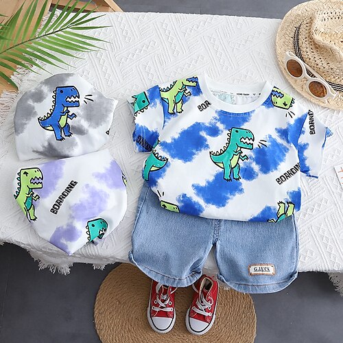 

2 Dele Baby Drenge T-shirt & Shorts Outfit Tegneserie Batikfarvet Dinosaurus Kortærmet Sæt udendørs Mode Daglig Sommer Forår 3-7 år Blå Lilla Grå