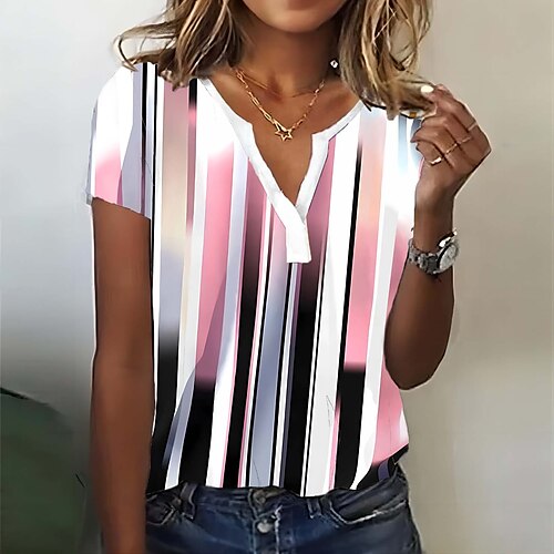 

Women's T shirt Tee White Pink Blue Floral Striped Print Short Sleeve Holiday Weekend Basic V Neck Regular Painting S