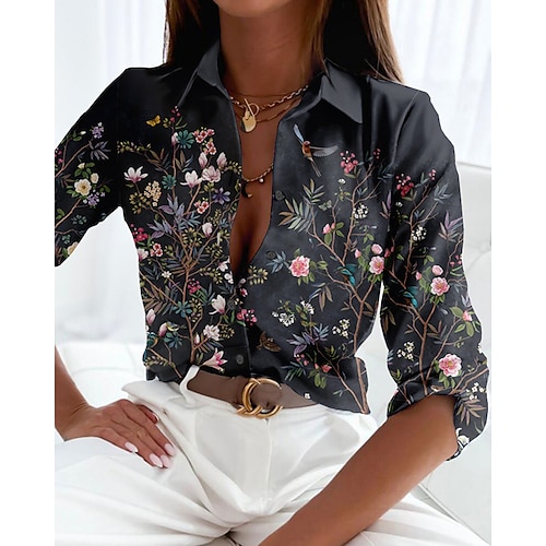 

Per donna Camicia Blusa Nero Floreale Pulsante Stampa Manica lunga Informale Per eventi Essenziale Colletto Standard Floreale S