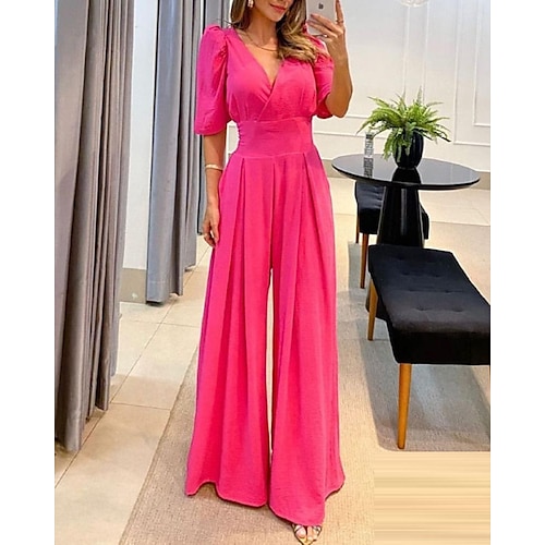 

mid-ærmet v-hals talje jumpsuit med brede ben