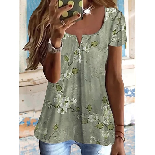 

Damen T Shirt Grün Khaki Graphic Blumen Taste Bedruckt Kurzarm Festtage Wochenende Basic V Ausschnitt Standard Blume Farbe S