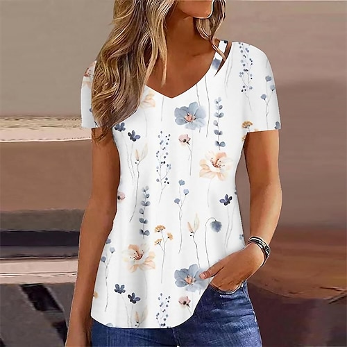 

Mulheres Camiseta Branco Vermelho Azul Floral Com Corte Imprimir Manga Curta Feriado Final de semana Básico Decote V Padrão Tema Flores Pintura S