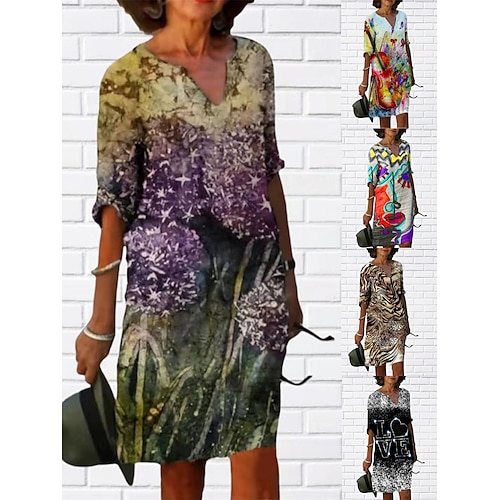 

Dame Uformell kjole Sommerkjole Print kjole Leopard Blomstret Trykt mønster V-hals Midikjole Aktiv Mote utendørs Gate Halvlange ermer Løstsittende Svart Gul Lilla Sommer Vår S M L XL XXL