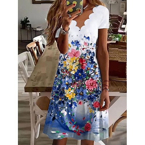 

Mujer Vestido informal Mini vestido Azul Piscina Manga Corta Floral Frunce Primavera Verano Escote en Pico Casual 2023 S M L XL XXL 3XL