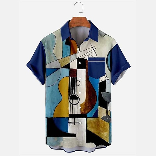 

Men's Shirt Color Block Graphic Prints Guitar Turndown Blue Outdoor Street Short Sleeves Print Clothing Apparel Fashion Streetwear Designer Soft