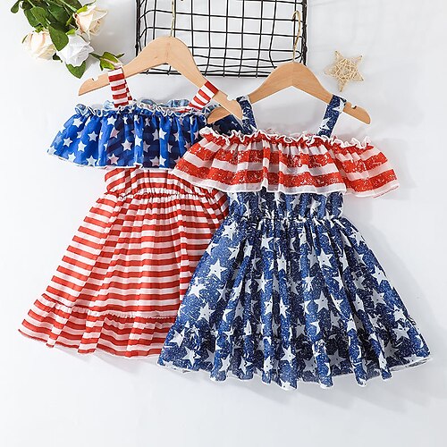 

Bambino Da ragazza Vestito Stella Banda Abito casual Sopra il ginocchio Vestito Esterno Senza spalline Manica corta Attivo Vestito 3-7 anni Estate Rosso Blu