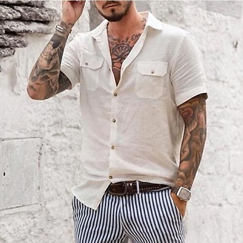 

Homens Camisa Social camisa de linho camisa de botão camisa de verão camisa de praia Branco Manga Curta Tecido Aberto para a Lateral Verão Casual Diário Roupa Bolso frontal