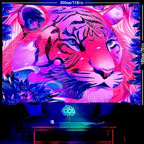 

Tapiz de luz negra tigre reactivo uv trippy brumoso tapiz colgante pared arte mural para sala de estar