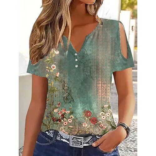 

Women's T shirt Tee Light Green Blue Purple Floral Button Cut Out Short Sleeve Holiday Weekend Basic V Neck Regular Floral Painting S