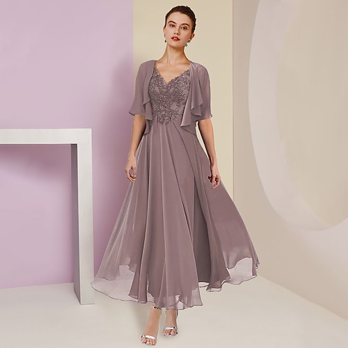 Robe de mère de la mariée A-Line deux pièces robes d'invité de mariage élégantes décolleté en V longueur thé chiffon dentelle à manches courtes vestes robes avec plis appliques 2025 taille