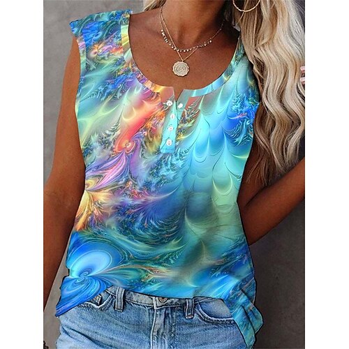 

Women's Tank Top Blue Graphic Button Print Sleeveless Casual Basic Round Neck Regular S