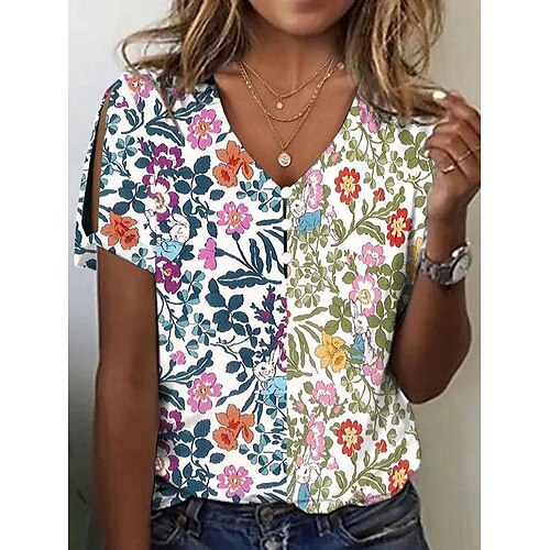 

Damen T Shirt Rosa Blau Grün Blumen Taste Ausgeschnitten Kurzarm Festtage Wochenende Basic V Ausschnitt Standard Blume Farbe S