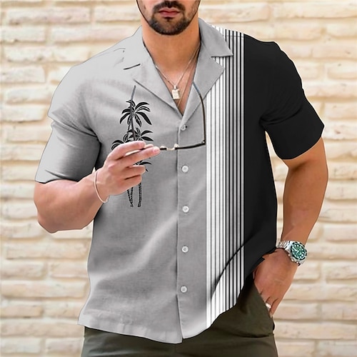 

Homens Camisa Social Coqueiro Listrado Estampas Abstratas Geometria colar cubano Preto Vermelho Azul Verde Escuro Verde Ao ar livre Casual Manga Curta Imprimir Roupa Esportes Moda Roupa de rua