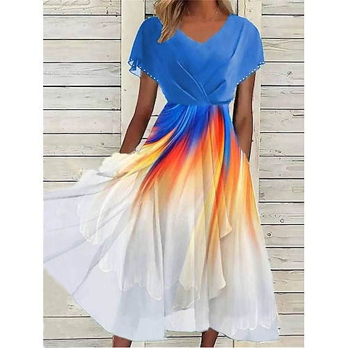 

Damen Lässiges Kleid Chiffon-Kleid Schaukelkleid Farbverlauf Rüschen Bedruckt V Ausschnitt Midikleid Modisch Modern Outdoor Täglich Kurzarm Regular Fit Blau Sommer Frühling S M L XL XXL