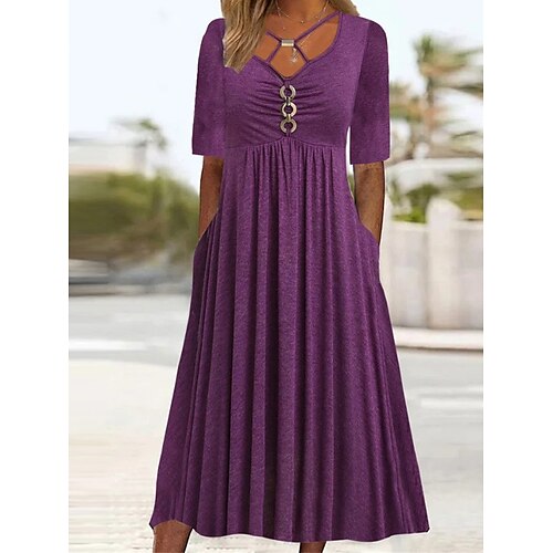 

Per donna Vestito casual Abito estivo Abito plissettato Liscio Increspato Tasche A V Vestito longuette Di tendenza Classico Esterno Giornaliero Manica corta Standard Viola Estate Primavera S M L XL