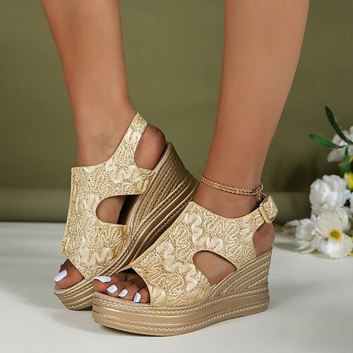 

Women's Sandals Wedge Sandals Plus Size Outdoor Daily Summer Buckle Wedge Heel Peep Toe Classic Casual Faux Leather Buckle Solid Color Gold