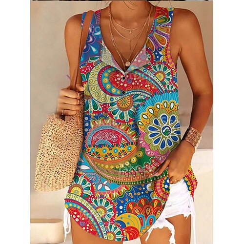 

Women's Tank Top Rainbow Graphic Button Print Sleeveless Casual Tunic Basic V Neck Regular S