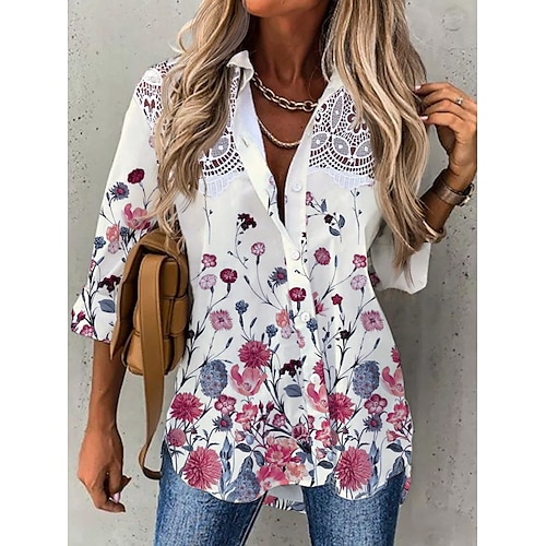 

Chemise Chemisier Femme Blanche Jaune Vert Claire Floral Bouton Imprimer manche longue Casual Vacances basique Col de Chemise Normal Standard Fleur S