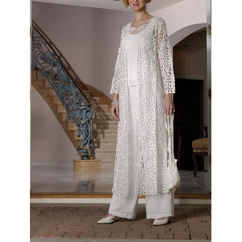 

Abito 3 pezzi Abito da cerimonia per signora Semplice Elegante Girocollo Alla caviglia Chiffon Di pizzo Manica lunga con Tinta unita 2023